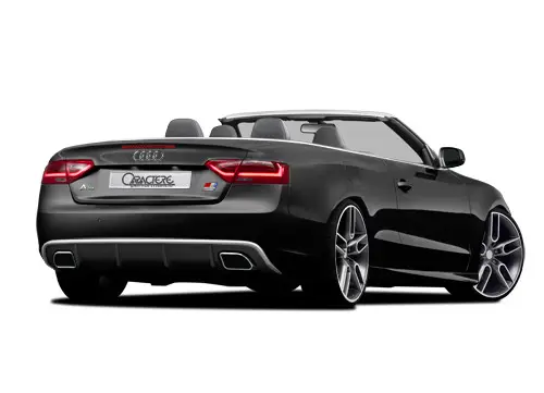 Časově Omezené CARACTERE spoiler pod originální zadní nárazník pro Audi A5 (8T3) Cabrio Facelift r.v. od 2013 s exteriérovým paketem S-Line, varianta s výřezem pro originální dvojitou koncovku výfuku pro motory 2,0TDI