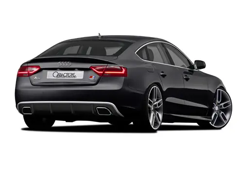 CARACTERE spoiler pod originální zadní nárazník pro Audi A5 (8T3) Sportback Facelift r.v. od 2013 s exteriérovým paketem S-Line, provedení s výřezem pro originální dvojitou koncovku výfuku na obou stranách pro S5 Sezónní Sleva