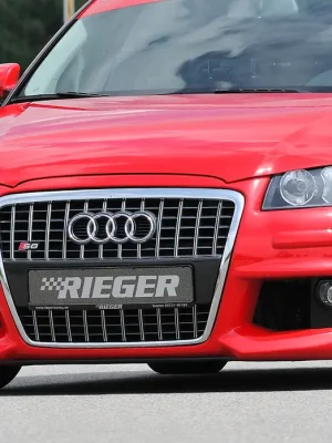 Akce Rieger přední nárazník pro Audi A3 8P 3-dvéř., 5-dvéř., Sportback, plast ABS bez povrchové úpravy, s držáky pro originální mlhová světla, s žebrováním