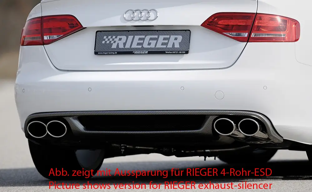 Objednat Nyní Rieger vložka zadního nárazníku pro Audi A4 B8, B81 avant, sedan před faceliftem, plast ABS s povrchovou úpravou Carbon-Look, mimo S-Line, pro orig. koncovky na obou stranách